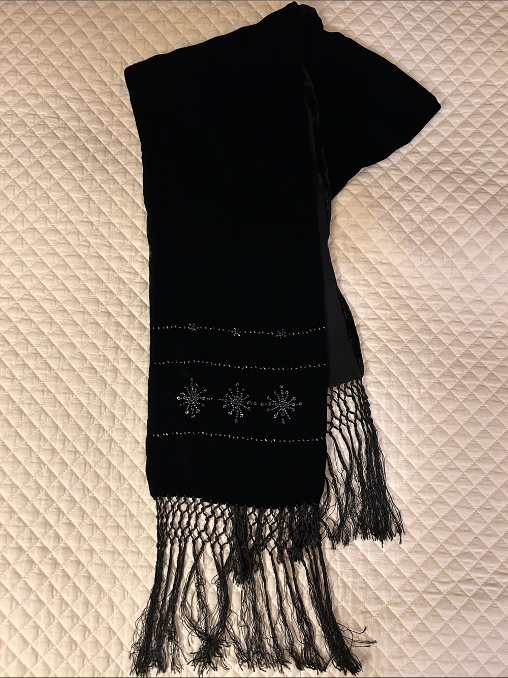 Elegant Black Beaded Fringe Scarf